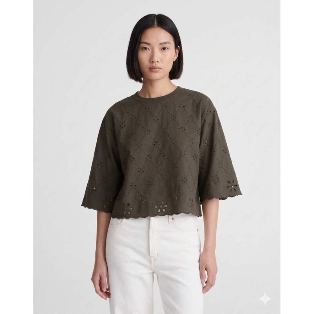 Madewell Eyelet Crop Top Dark Olive Green Floral Scallop Hem Size M New